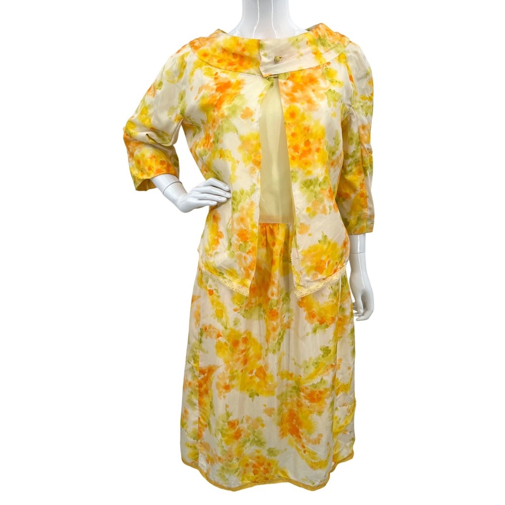 Vintage 60s Lemon Yellow Watercolor Floral Dress & Jacket Handmade Size S